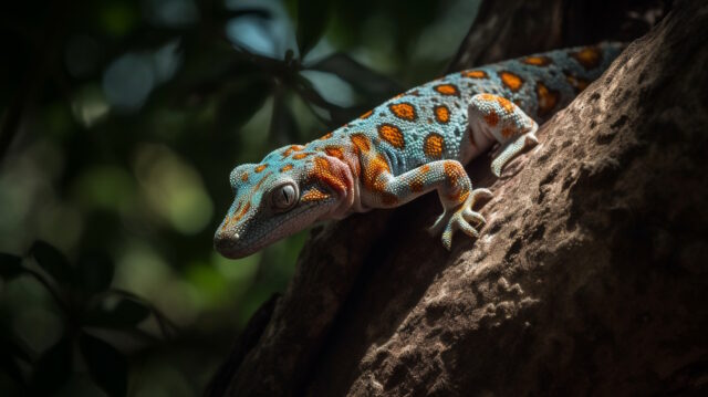 Colorful Tokay Gecko Climbing Tree
