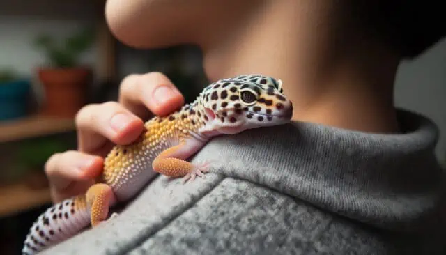 Leopard Gecko sitting on a humans shoulder